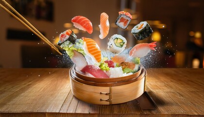 Sushi food on the table, delicious asian cooking, fusion sashimi
