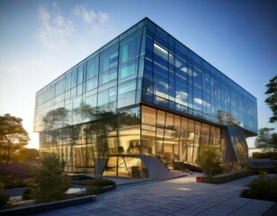 Obraz premium captivating image of a modern office building with a sleek glass facade that epitomizes contemporary architecture.