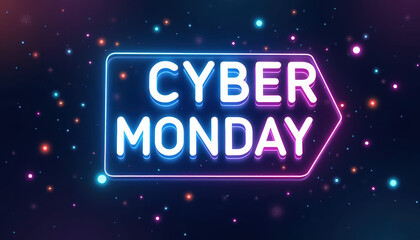 Colorful neon Cyber Monday banner featuring promotional text and bright designs to attract online shoppers.