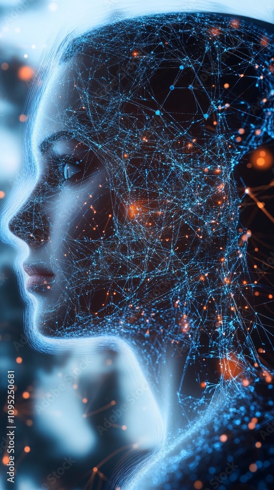 Poster artificial intelligence: woman face emerging from futuristic network of connections