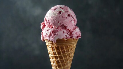 Close-up of Creamy Strawberry Ice Cream in Waffle Cone