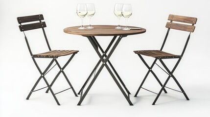 Rustic outdoor bistro set: wooden table and chairs with glasses of white wine