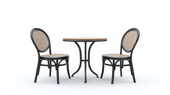 Elegant bistro set with two chairs and round table on white background