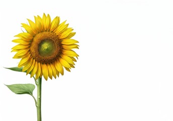 Illustration of a sunflower with bright yellow petals and green leaves, isolated on a white background