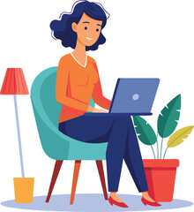 a girl is using his laptop vector