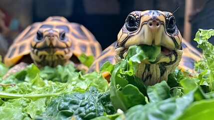 Two adorable baby tortoises enjoying a fresh salad meal.