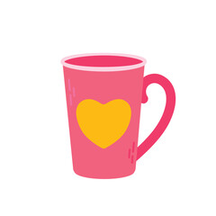 Cute rose cup with heart for Valentine's Day. Mug with coffee Flat illustration