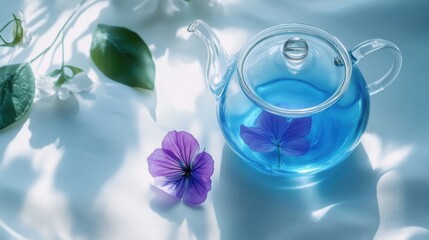 光り輝くティーポットと柔らかな花の美しさが漂う静かな春の朝