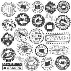 Portland, Oregon Set of Stamps. Travel Stamp. Made In Product. Design Seals Old Style Insignia.