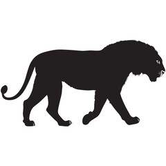 Naklejka premium Lion Silhouette on White Background, Standing Lion Silhouette Vector, Lion Silhouette in African Savannah, Minimalist Lion Silhouette Design, Elegant Lion Silhouette for Branding.