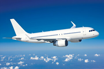 Obraz premium A majestic white passenger jet airplane soars gracefully above a breathtaking expanse of fluffy white clouds under a vibrant, clear blue sky, capturing the essence of air travel and freedom.