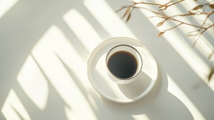ミニマルなデザインと柔らかな日差しの中での静かな朝のコーヒー