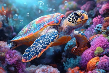 Fototapeta premium Abstract depiction of a sea turtle gliding gracefully through an underwater coral reef
