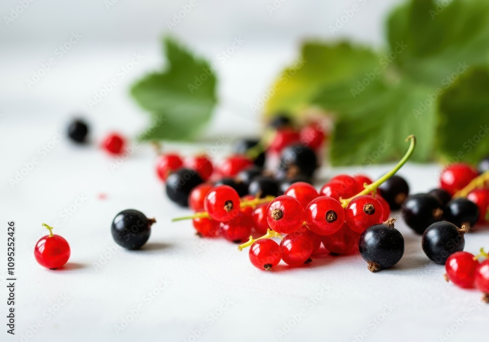 Poster fresh red and black currants and leaves scattered on a white table, creating a vibrant display of co
