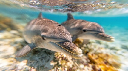 Two Dolphins Swimming Underwater Ocean Wildlife Marine Mammals
