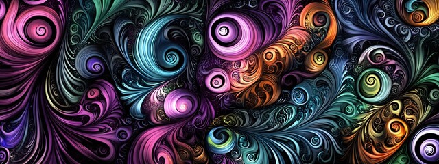 Fototapeta premium Iridescent fractal patterns on a black background, with swirling shapes and lines in shades of green, purple, blue, pink, yellow, and orange