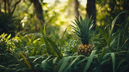 Fototapeta premium A pineapple plant in its natural setting, surrounded by lush green foliage