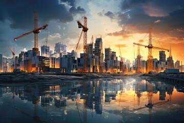 Fototapeta premium generated illustration of Sunset illuminates a bustling construction site with multiple cranes.