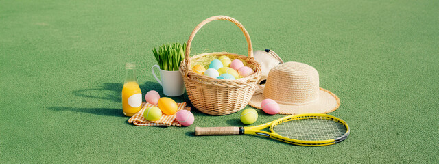 Colorful easter eggs with tennis gear on a sunny day