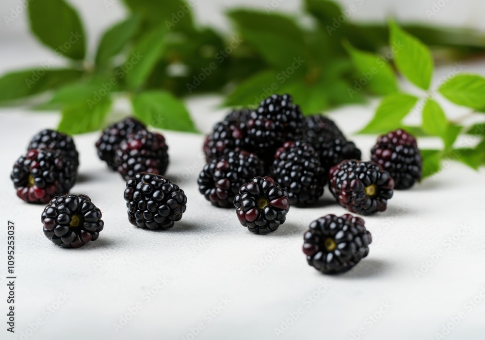 Aufkleber ripe blackberries lie on a white surface with green leaves, creating a simple yet appealing composit