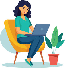 a girl is using his laptop vector