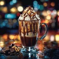 A decadent glass of chocolate beverage topped with whipped cream, drizzled with chocolate sauce, and garnished with popcorn.