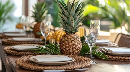A pineapple-themed table setting with rustic dinnerware and tropical decor elements