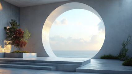 Fototapeta premium Modern Architectural Space with Circular Opening Framing a Scenic Ocean View