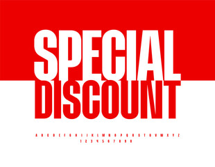 Vector promo concept Special Discount. Minimalistic style Font. Red Alphabet Letters and Numbers. 