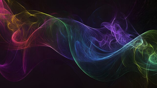 Fototapeta  Iridescent fractal patterns on a black background, with swirling shapes and lines in shades of green, purple, blue, pink, yellow, and orange