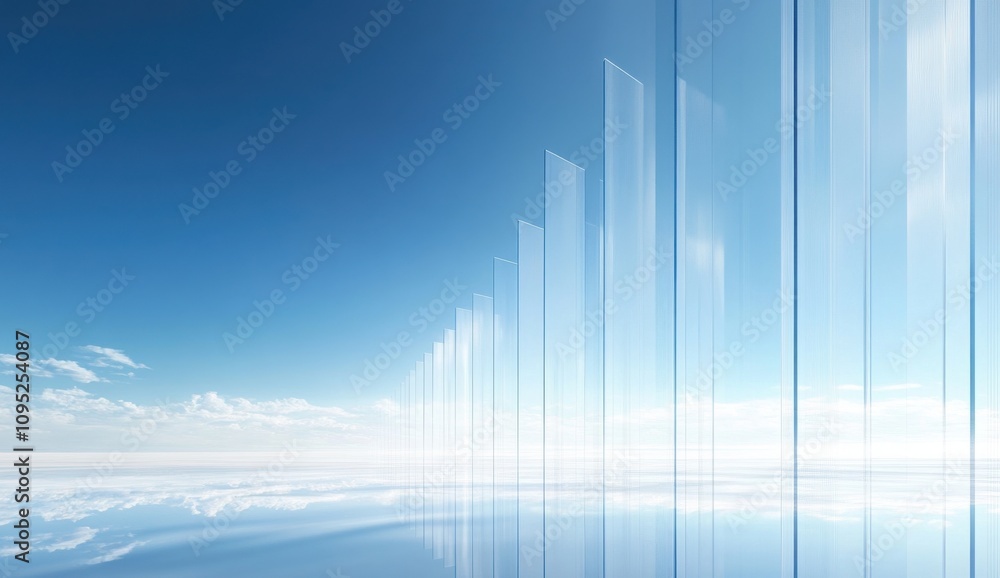 Poster abstract representation of a futuristic landscape with tall transparent structures reflecting in a s