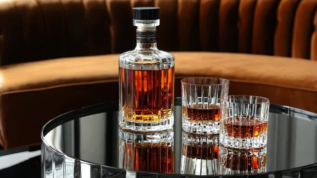Elegant whiskey decanter with two glasses on a mirrored table in a stylish modern living room setting