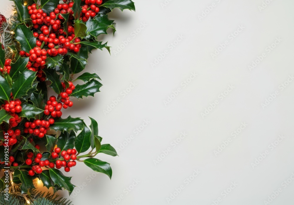 Poster christmas border design featuring holly leaves and berries with string lights on a neutral backgroun