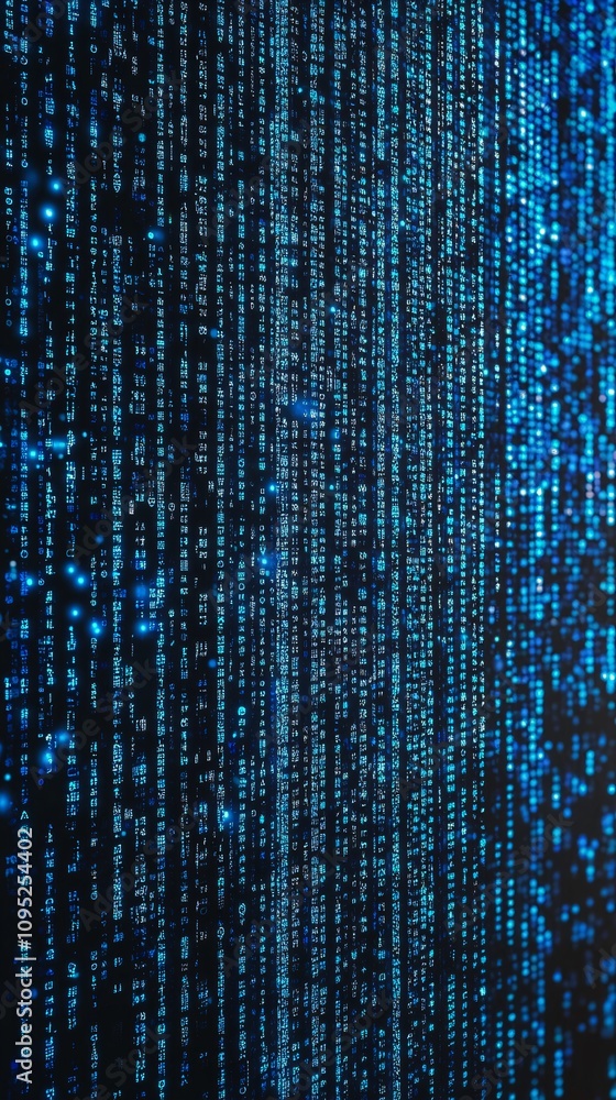 Poster blue matrix effect cascading data stream on dark background