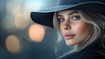 Banner of Woman Wearing Elegant Hat against Blue Background with a Soft Glow and Bokeh Effect