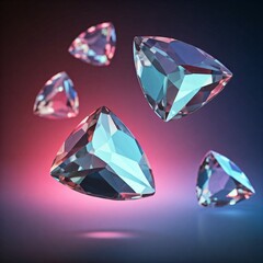 A collection of iridescent, triangular gemstones floating in a dark, gradient background.