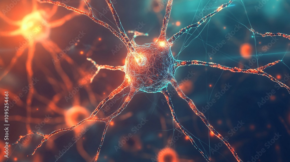 Poster Glowing neuron transmitting signals in nervous system