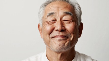 Smiling Asian Senior Man Portrait Peaceful, Content, and Serene