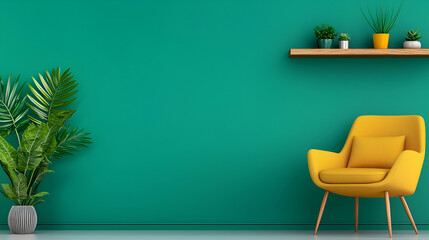 A vibrant green wall features a stylish yellow chair and a shelf adorned with potted plants, creating a fresh and inviting atmosphere.