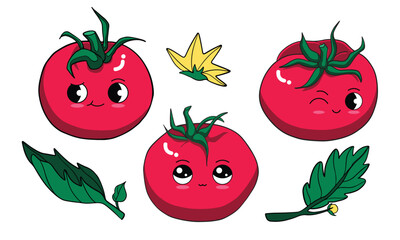 Cute Kawaii Tomato Character set with Green Leaves, Hearts, and Decorative Elements – Adorable Cartoon Illustration for Kids and Food-Themed Designs