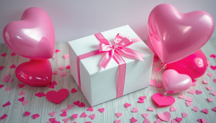 Romantic Gift Box with Pink Bow and Heart Balloons