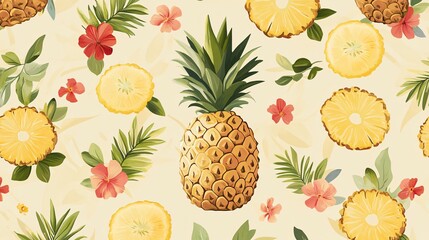 Pineapple rings arranged in a pattern on a light beige background with scattered tropical flowers