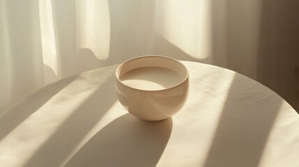 柔らかな影を浮かべたミニマリストな陶器のボウルに照らされた穏やかな朝の光