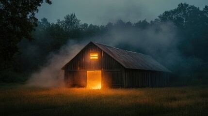 Fototapeta premium A barn engulfed in flames with smoke rising in a dimly lit landscape.