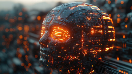 Futuristic AI Head with Glowing Circuitry and Digital Elements