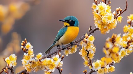 Fototapeta premium Vibrant Blue Yellow Bird on Blooming Yellow Flowers Spring Nature Photography