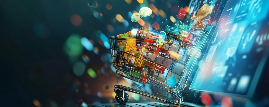 Shopping cart coming out of laptop screen with food and drinks