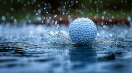 Water Drop Golf Ball,A refreshing image of a golf ball splashing into a still body of water. Perfect for sports and nature themes.