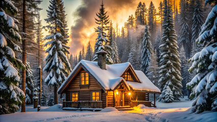 Fototapeta premium Rustic Wooden Cabin with Warm Golden Light in a Snowy Forest, Smoke Rising from Chimney, Peaceful Atmosphere