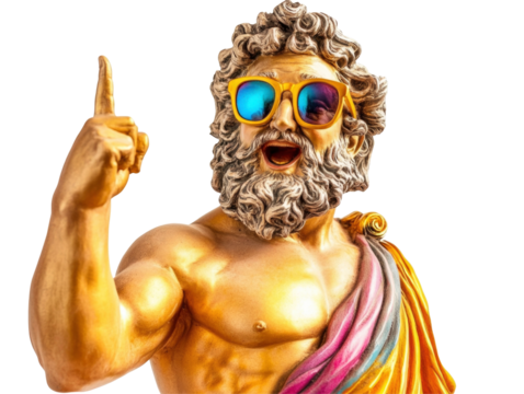 gold statue of Greeg Cod wear colorful sunglasses, pointing index finger, laughing, ancient colorful clothes